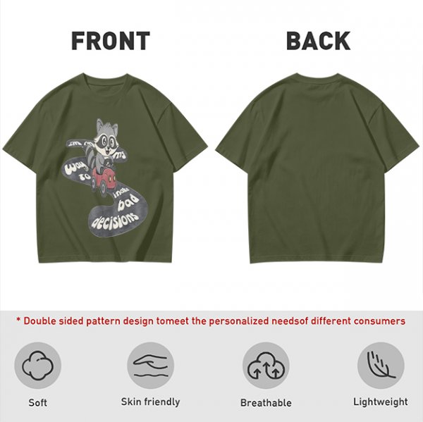 Olive graphic tee with raccoon driving car and 'Way to make bad decisions' text