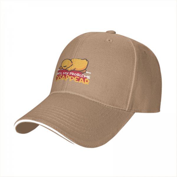 Black baseball cap with sleeping duck graphic and 'Until My Problems Disappear' text