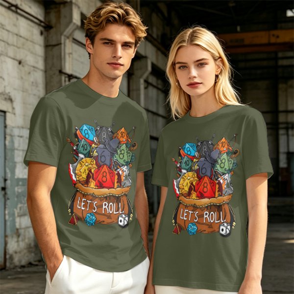 Olive Dungeons and Dragons Dice Bag Let's Roll Graphic T-Shirt