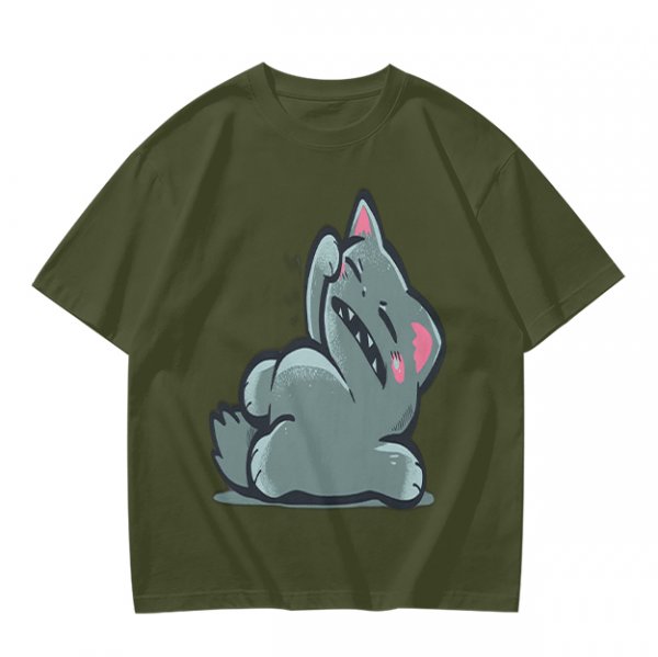 Olive T-Shirt With Embarrassed Gray Cat Graphic Print