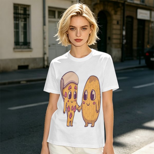 Olive Green T-Shirt With Cute Pizza And Corn Holding Hands Art
