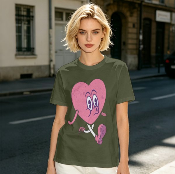 Oversized Olive T-Shirt with Retro Walking Pink Heart Cartoon Graphic