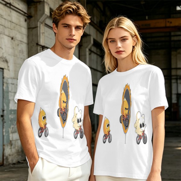 Olive T-Shirt With Cartoon Characters Riding Bikes Through Portal