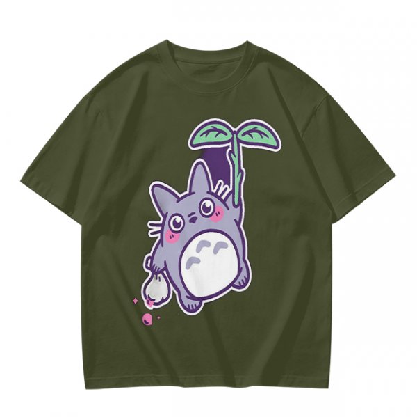 Olive T-Shirt With Cute Chibi Totoro Holding Leaf Print