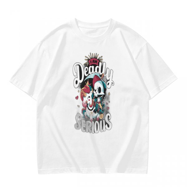 Olive graphic t-shirt with 'I Am Deadly Serious' and unicorn grim reaper art