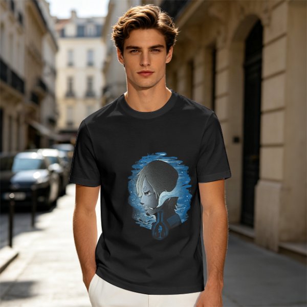 Olive T-Shirt With Anime Character Profile In Blue Cosmic Print