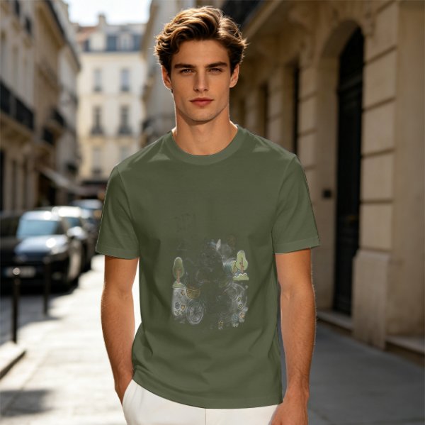 Olive Green Crewneck T-Shirt With Whimsical Graphic Print