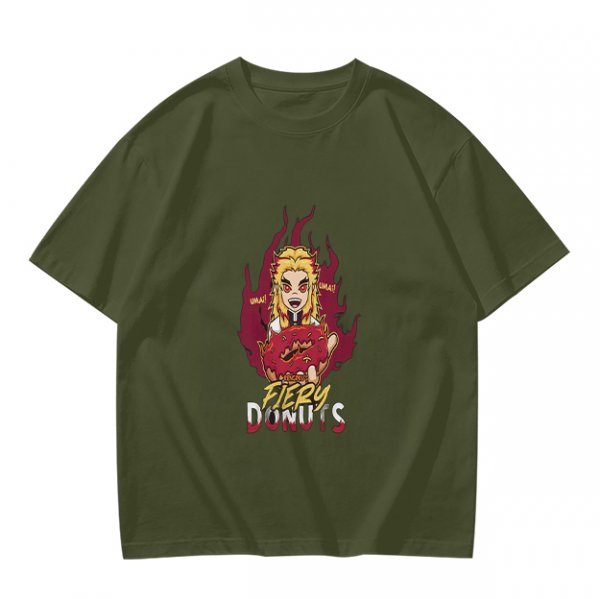 Olive Graphic T-Shirt With Fiery Donut Anime Character Print