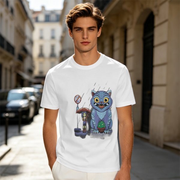 Olive T-Shirt With Whimsical Blue Cat And Mushroom Figure Print