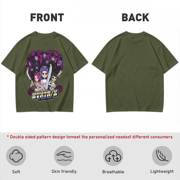 Olive Graphic Tee with Anime Hunter Characters and Huntr/X Text