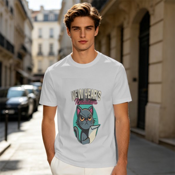 Olive green graphic t-shirt with grumpy cat holding New Year's resolutions