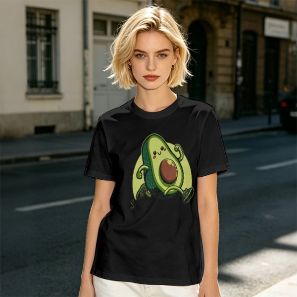 Olive Green T-Shirt with Cute Running Avocado Graphic