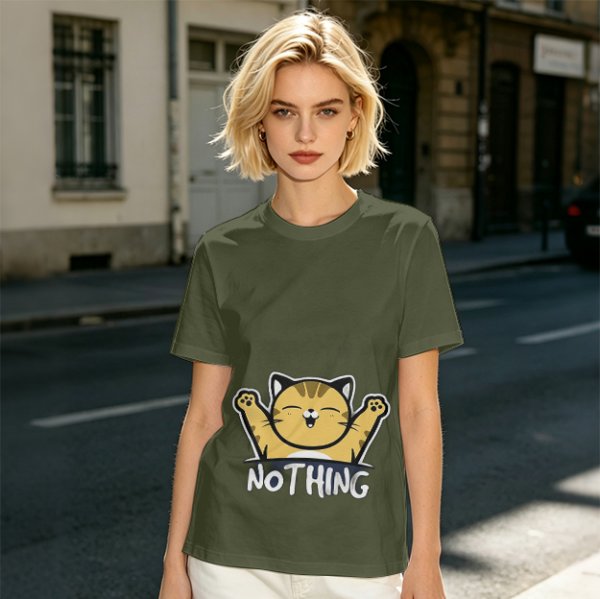 Olive T-Shirt with Happy Raised Paw Cat and 'NOTHING' Print