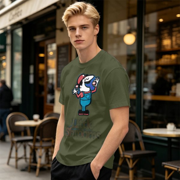Olive T-shirt with Cartoon Character Holding Mushrooms Print
