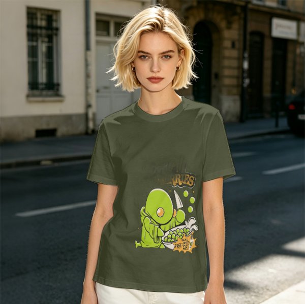 Olive Green T-Shirt With Cute Green Creature Preparing Peas Graphic