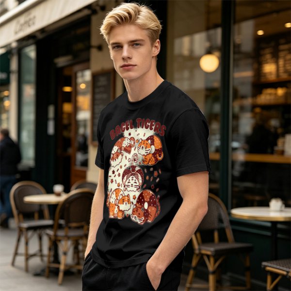 Olive Green T-Shirt With Cute Bagel Tigers Graphic Print