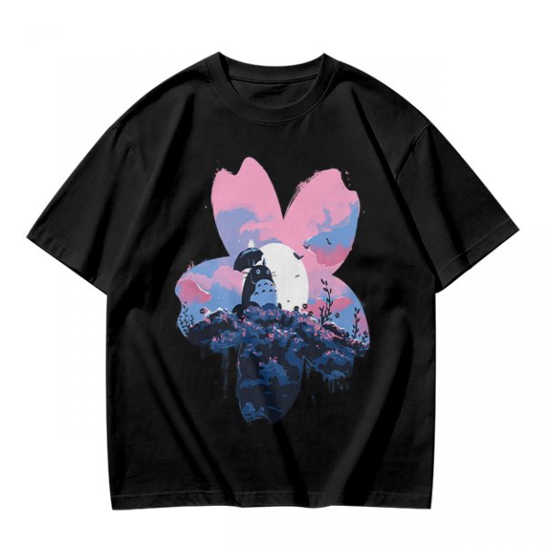 Olive T-Shirt with Sakura Flower and Whimsical Forest Creature Print