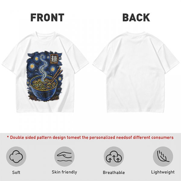 Olive t-shirt with starry night ramen bowl graphic