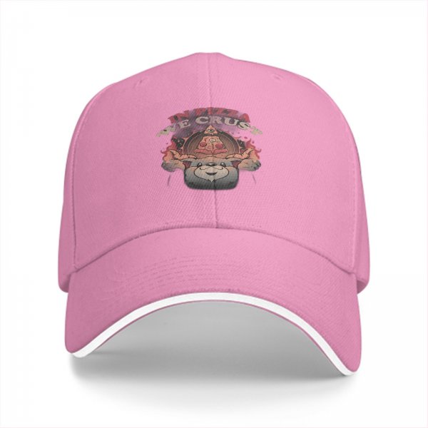 Black baseball cap with 'In Pizza We Crust' graphic print