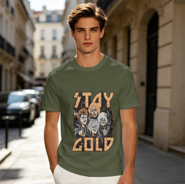 Olive Graphic T-Shirt with Stay Gold Rock Band Artwork