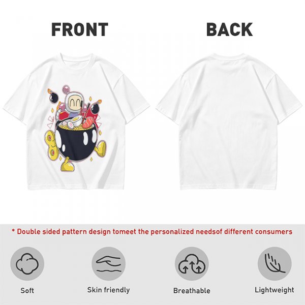 Olive T-shirt with Bomberman Character Eating Ramen Print