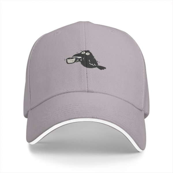 Black baseball cap with a cartoon crow holding a coffee cup