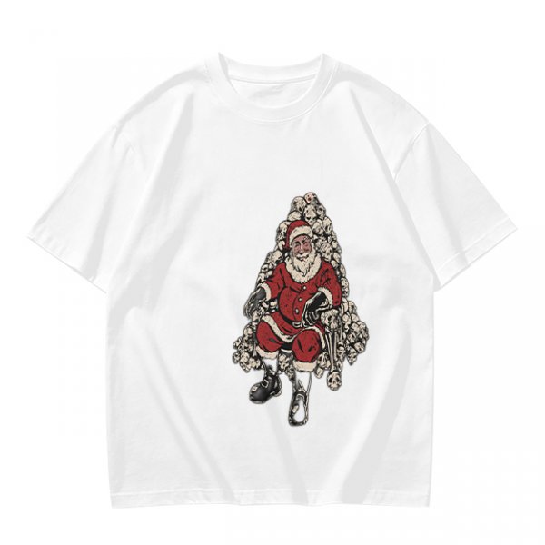 Olive T-shirt with Santa Claus on Skull Throne Graphic