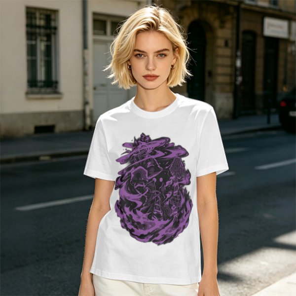 Olive Green T-Shirt with Purple Abstract Swirling Graphic Print