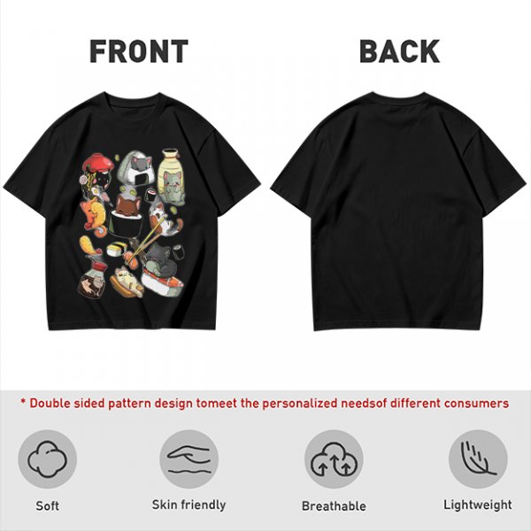 Olive T-Shirt With Cute Sushi Cat Illustrations