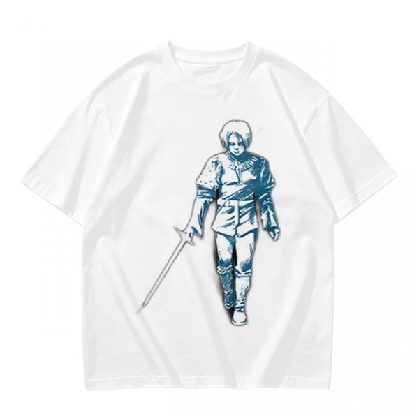 Olive T-shirt with Walking Swordsman Graphic Print