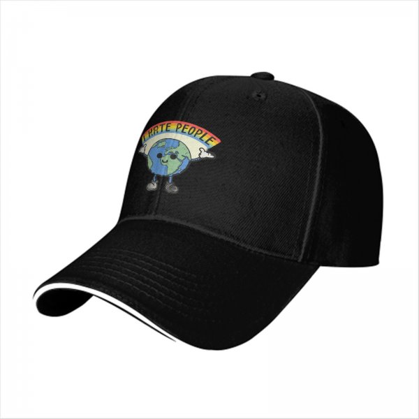 Black baseball cap with cartoon Earth graphic and 'I HATE PEOPLE' text