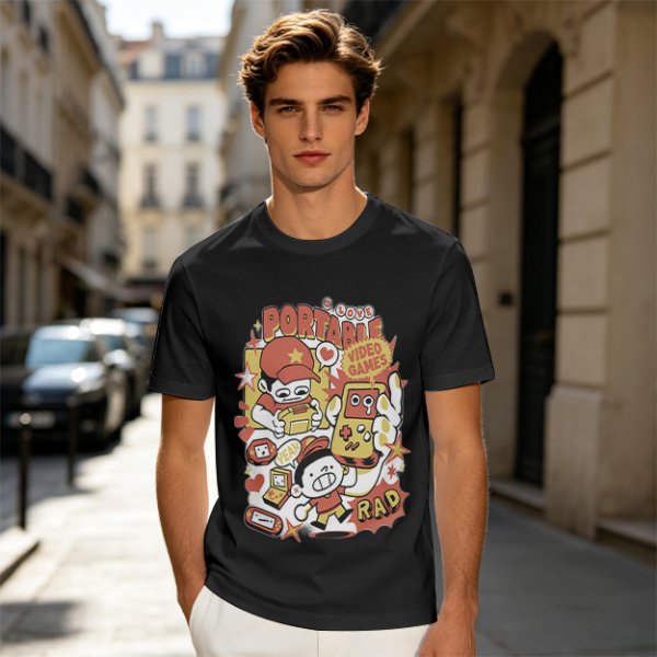 Olive T-Shirt With Retro Portable Video Games Cartoon Print