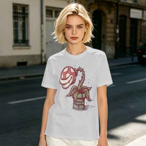 Olive Green T-Shirt With Piranha Plant Graphic Print