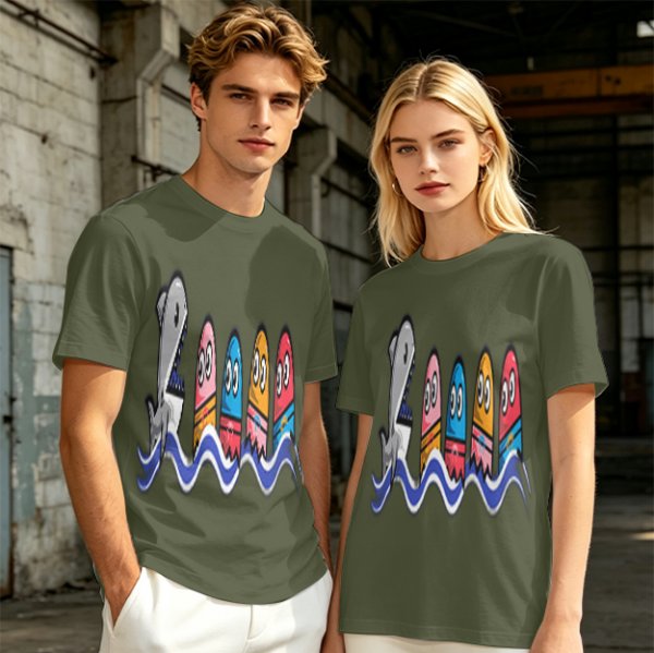 Olive T-Shirt With Shark And Colorful Ghost Creatures Print