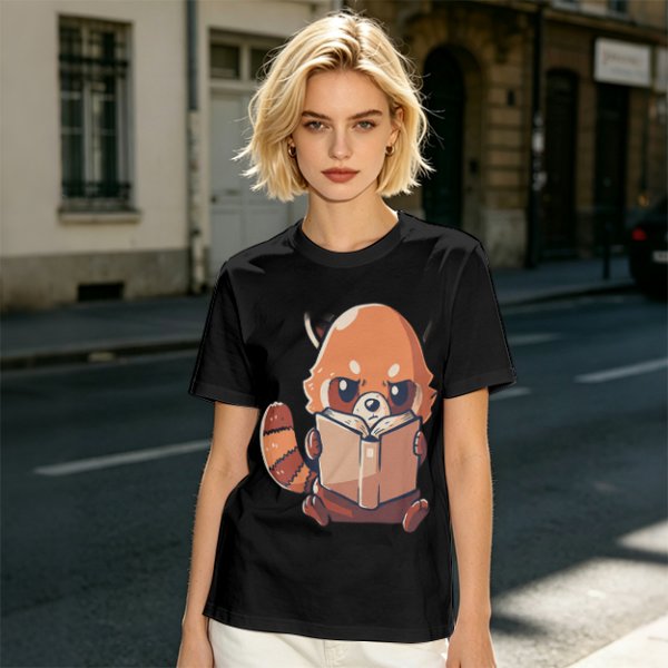 Olive T-Shirt with Cute Red Panda Reading Book Graphic
