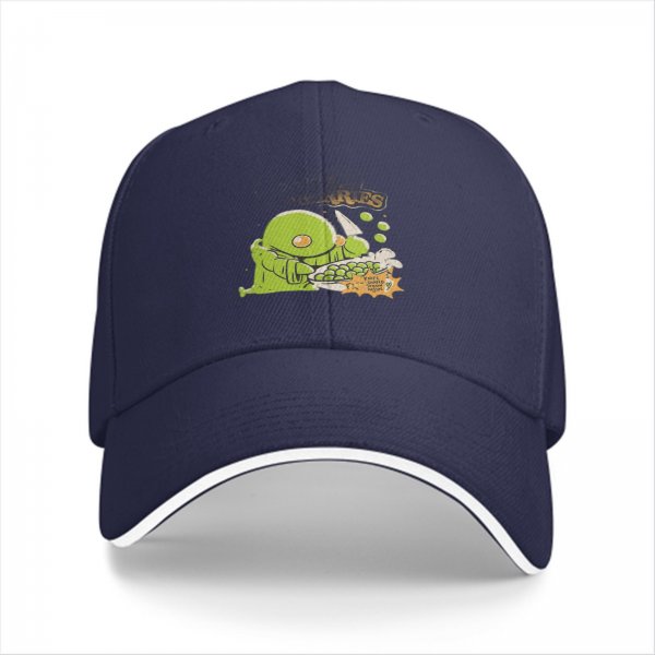 Black baseball cap with green chocobo cooking peas graphic