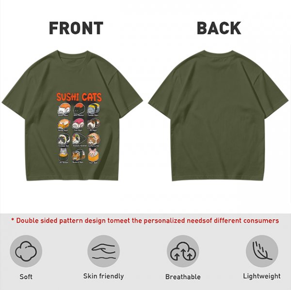 Olive T-Shirt With Sushi Cats Graphic Print
