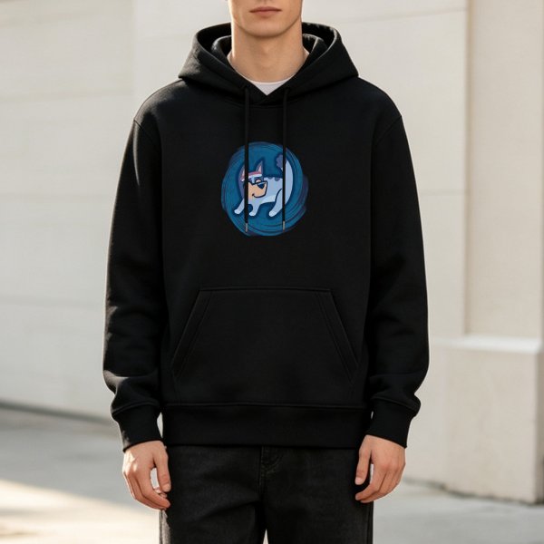 Black Hoodie With Cartoon Dog In Blue Swirl Graphic