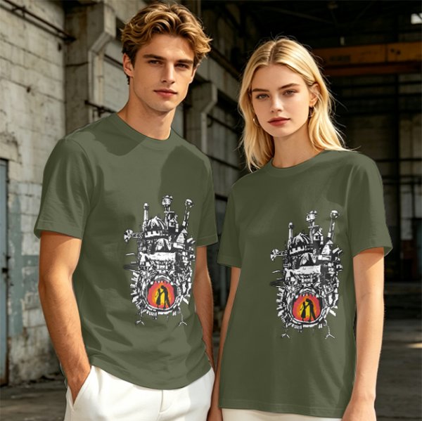 Olive T-shirt with Howl's Moving Castle Castle Print
