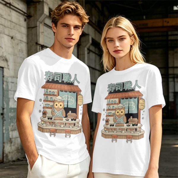 Owl sushi chef at Japanese sushi shop graphic t-shirt