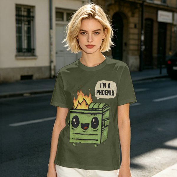 Olive green t-shirt with a cartoon dumpster on fire saying I'm a phoenix