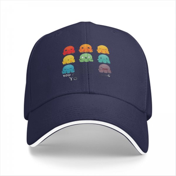 Black baseball cap with colorful emotional octopus graphic print