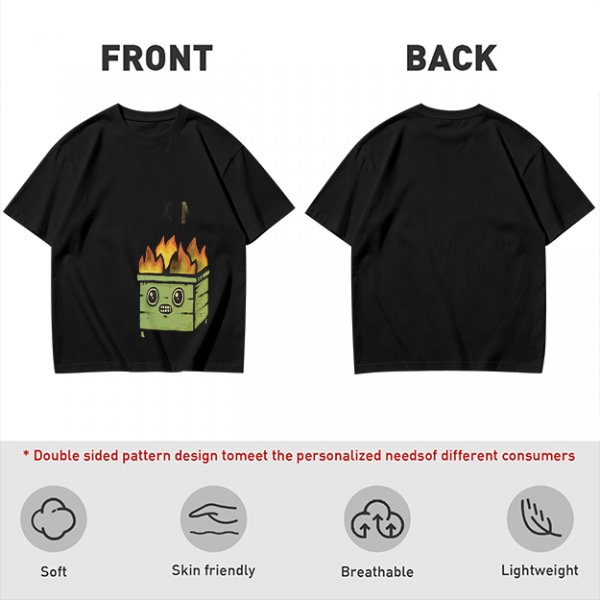 Olive Green T-Shirt With Cartoon Burning Dumpster Graphic