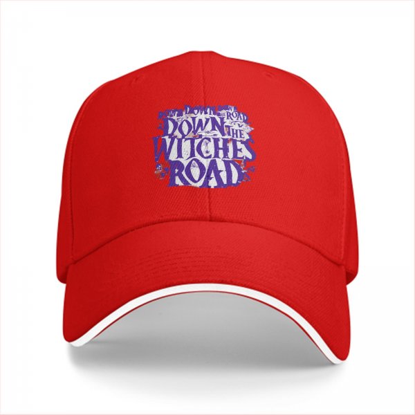 Black baseball cap with 'Down the Witches Road' Halloween themed print