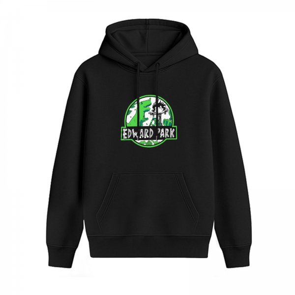 Black hoodie with Edward Park dinosaur logo graphic