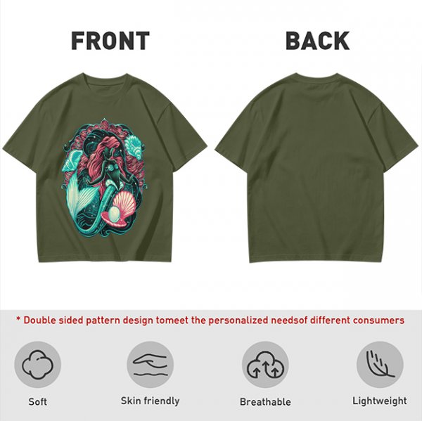 Olive T-Shirt With Mermaid And Seashell Graphic Print