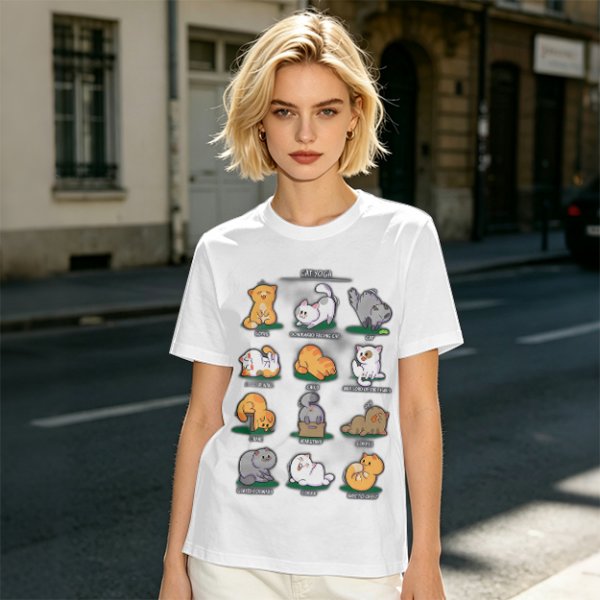 Olive Green T-Shirt With Cute Cat Yoga Pose Illustrations