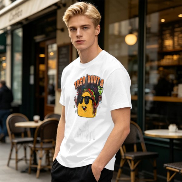 Olive taco graphic t-shirt with 'TACO 'BOUT A' text and margarita