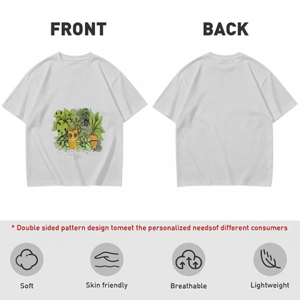 Olive T-Shirt With Playful Cat And House Plants Graphic