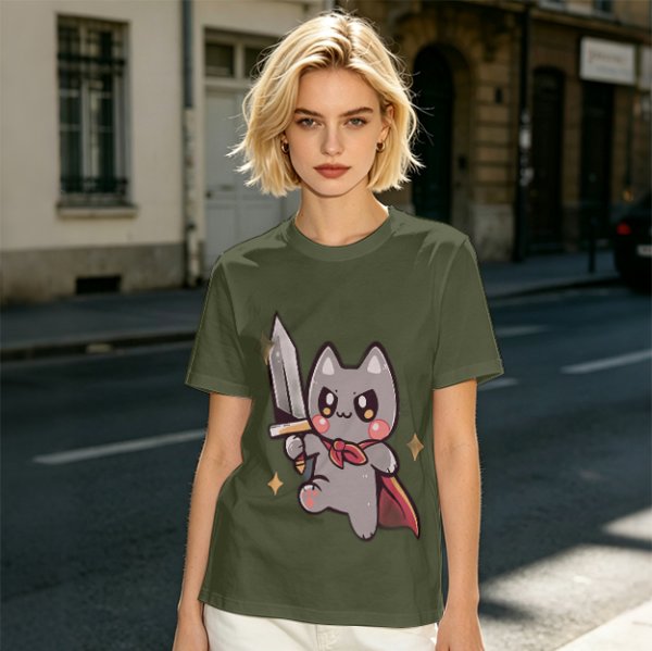 Olive T-shirt with cute warrior cat holding a sword graphic